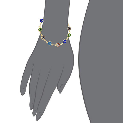 Illustration of an arm wearing the Unisex Bracelet with Multi Color Turkish Evil Eye, featuring multicolored round beads and a gold chain for spiritual protection.